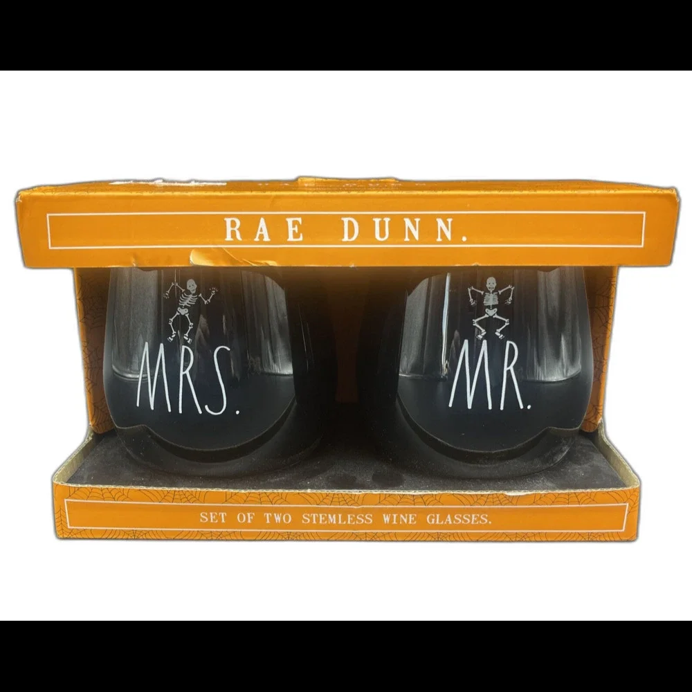 RAE DUNN “Mr. & Mrs.”Stemless Skeleton Black Wine Glasses Halloween‎ NIB